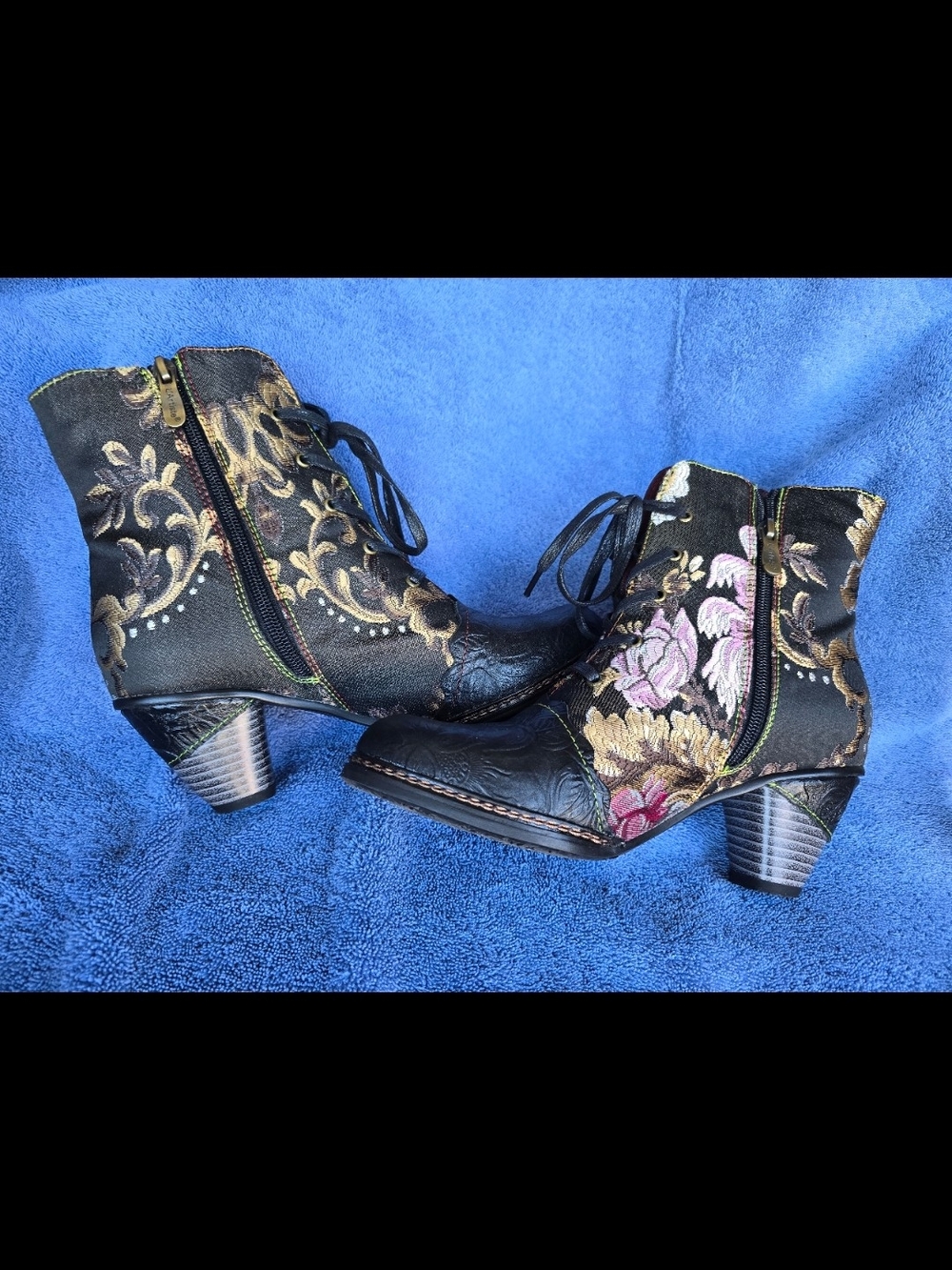 Embroidered Floral Lace-Up Ankle Booties - Black with Pink Accents - Picture 2 of 4